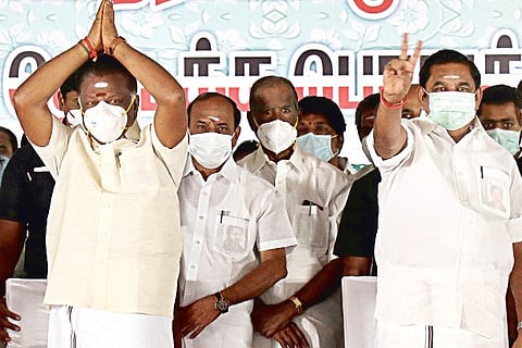 AIADMK Convenor O Panneerselvam and Joint Convenor and CM Edappadi K Palaniswami at party meeting