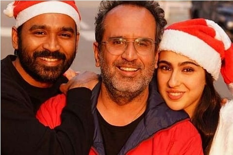 Source:Twitter; Dhanush and Sara Ali Khan with Director Aanand L Rai