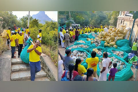 Volunteers carrying the collected garbage down the hill; the 2 tonnes of plastic waste at the foothills