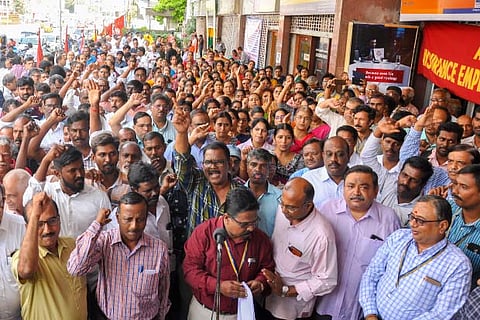 LIC employees, including women, protest the Centre?s move to disinvest it, in Chennai on Tuesday