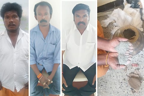 The three conmen arrested; (Right) the mud-filled silver pot seized from them