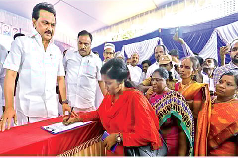 DMK president MK Stalin continuing the anti-CAA/NRC signature campaign at Royapuram on Friday