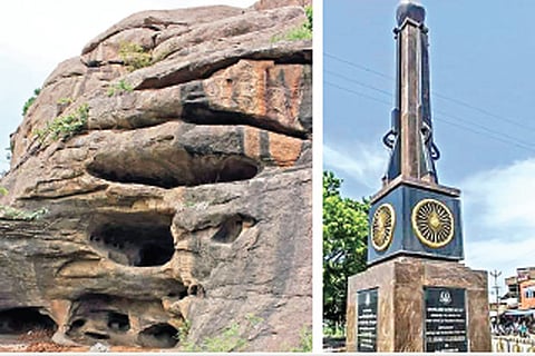 (left) Vellore fort; Sepoy mutiny commemoration pillar in Vellore district