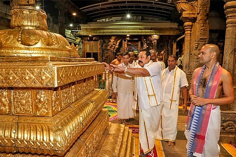 Sri Lankan Prime Minister Mahinda Rajapaksa at Sri Venkateswara temple in Tirumala on Tuesday