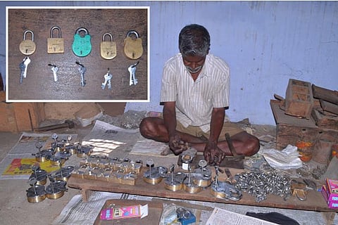 An artisan involved in handcrafting locks at a workshop at Nagal Nagar in Dindigul; (right) various models of
