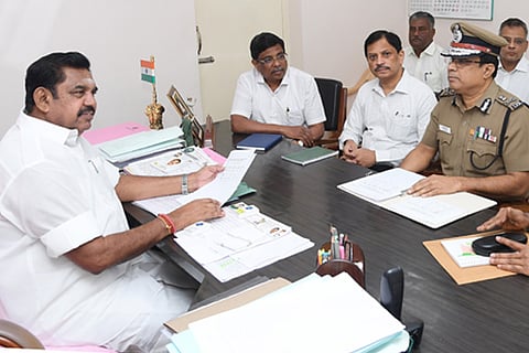 Chief Minister Edappadi K Palaniswami meets DGP JK Tripathy and CoP AK Viswanathan in Chennai on Sunday