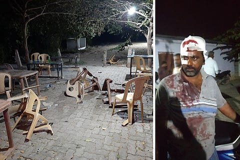 The ransacked Tasmac bar and the worker who was attacked (right)