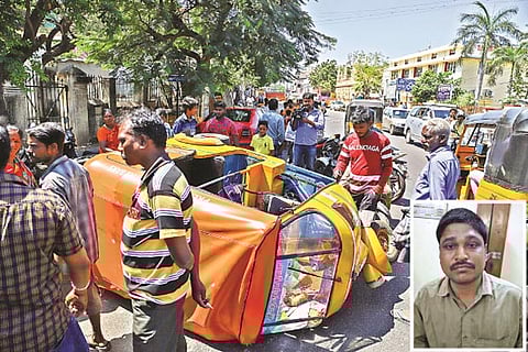 Toppled vehicle at Chintadripet; (inset) Mohammed