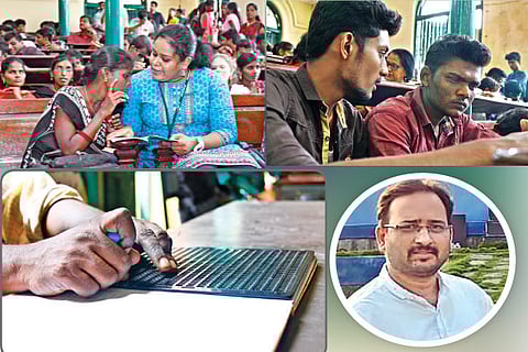 Volunteers reading out to visually impaired students at study centres; Braille slate; (inset) Barath SN