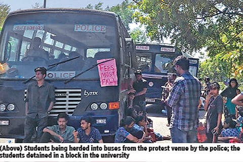 Students being herded into buses from the protest venue by the police; the students detained in a block