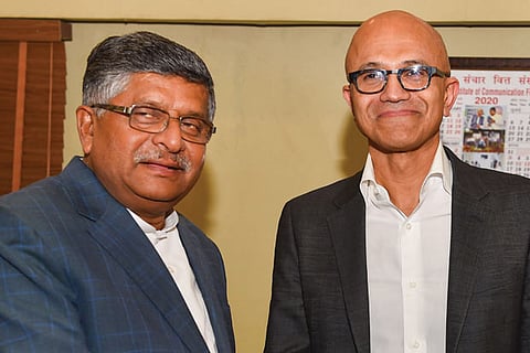 IT Minister Ravi Shankar Prasad with Microsoft CEO Satya Nadella