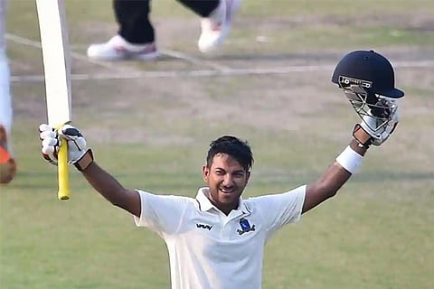 Kolkata: Bengal batsman Anustup Majumdar celebrates after scoring a century (Courtesy: PTI)