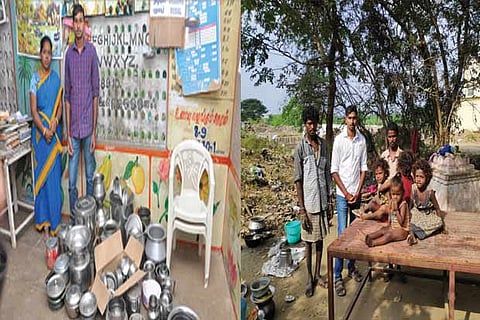 Leader of the Abdul Kalam Youth brigade Dinesh Saravanan providing the utensils and the bench cum beds
