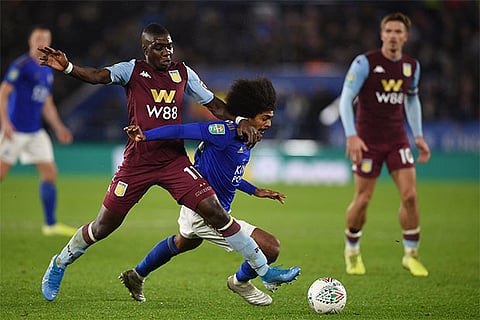 A midfield battle during the Leicester-Villa clash