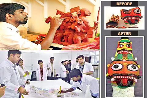 L Amirthanathan working on a sculpture at the lab; (right) training interns on conservation techniques