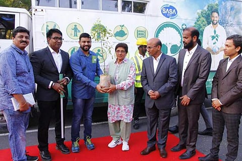 Kiran Bedi launches the Tree Ambulance service to replant uprooted trees in Puducherry, on Saturday