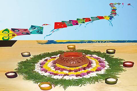 Decorate your home with kite hangings; A rangoli using leaves and flower petals