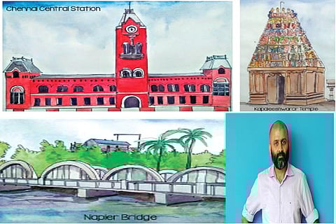 Postcards of Chennai Central Station, Kapaleeswarar Temple and Napier Bridge; Vivek Mahaveer Jain
