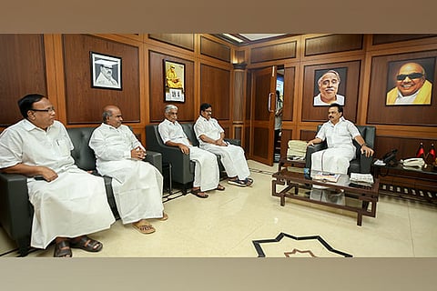TNCC president KS Alagiri holds talks with DMK chief MK Stalin at Anna Arivalayam in Chennai