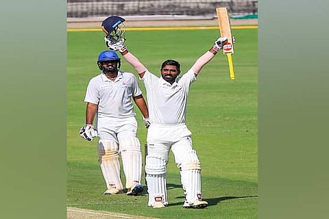 Abhinav Mukund celebrates his century on his 100th Ranji Trophy appearance