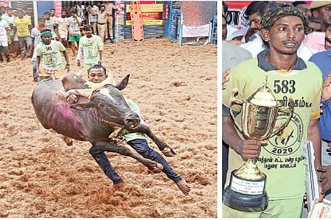 Ranjith Kumar taming a bull during the jallikattu at Alanganallur on Friday;symbolic key of his prized car