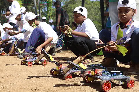 Students controlling the robots to pick up the saplings (Photo: Justin George)