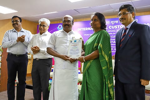Fisheries Minister D Jayakumar presenting awards during the International Customs Day celebrations