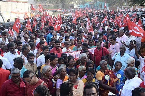 CITU members taking out a rally as part of the 16th All India Conference in Chennai on Monday