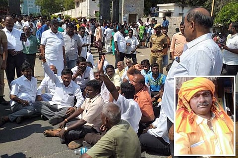 BJP workers block traffic in protest against the murder of Vijaya Raghu (inset) in Tiruchy on Monday