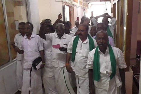 Farmers walk out of the grievance meet in Tiruvarur on Thursday