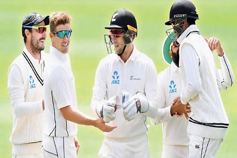 New Zealand bowler Cole McConchie after taking an India A wicket