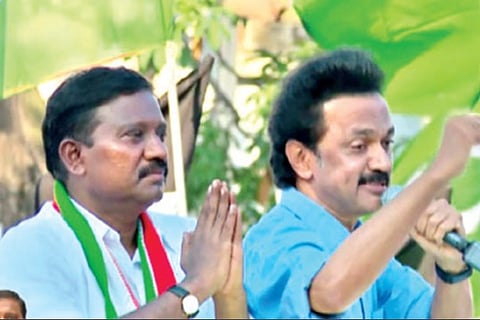 File photo of MK Stalin campaigning for Karate Thiagarajan.
