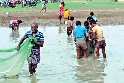 Residents of five villages in Cheyyar taluk fishing in an irrigation tank ignoring restrictions