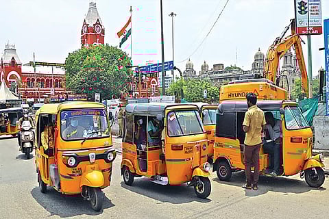 Autorickshaws parked outside Central while drivers wait for passengers on Monday