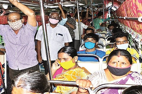 A crowded bus plying from Gandhipuram bus terminus in Coimbatore on Tuesday