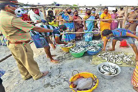Policemen enforcing social distancing norms at Kasimedu fish market in Chennai on Sunday