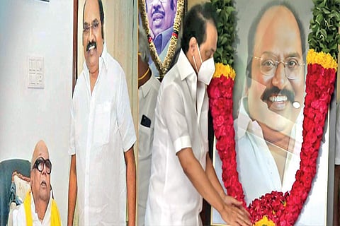 MLA J Anbazhagan with M Karunanidhi; MK Stalin pays floral tributes to the deceased party MLA