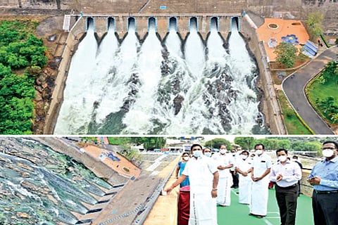 Water gushing out of the Stanley Reservoir at Mettur; and Chief Minister opening the sluices