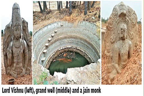 Lord Vishnu (left), grand well (middle) and a jain monk