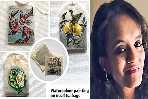 Watercolour painting on used teabags; Krithika
