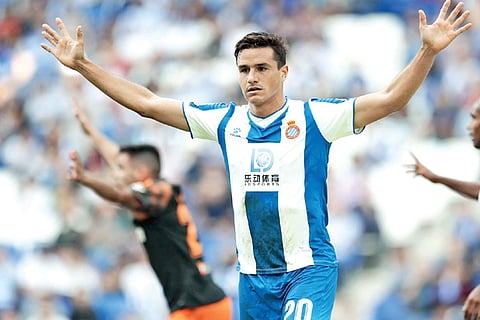 Espanyol defender Bernardo celebrates after scoring the opening goal against Alaves in Spanish Leagu