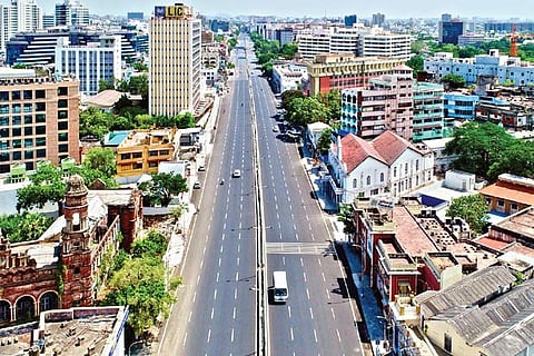 There was hardly any vehicle on the road on the first day of lockdown. A scene from Anna Salai