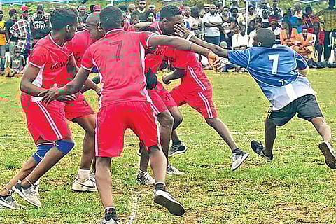 As Uganda has no mats, kabaddi players are encouraged to compete on grass