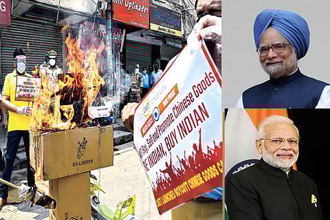 Activists of Confederation of All India Traders (CAIT) burn Chinese goods during a protest