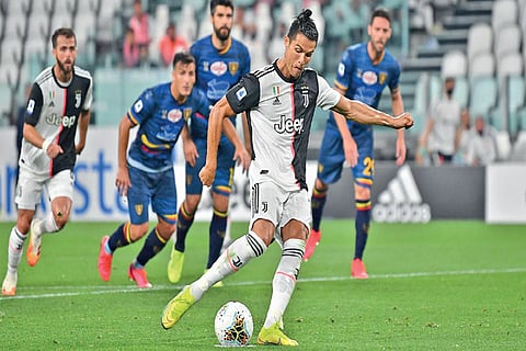 Juventus? Cristiano Ronaldo about to score off a penalty against Lecce in Serie A