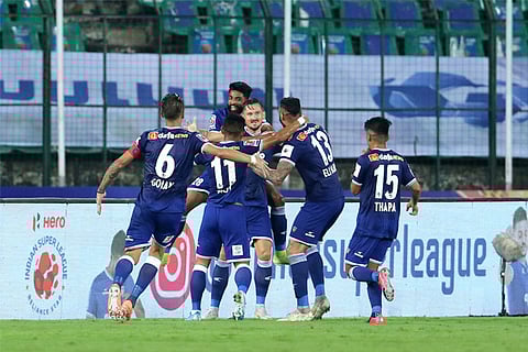 Chennaiyin FC players are ecstatic after their 4-1 win over FC Goa at the Nehru Stadium