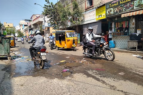 Motorists passing through the trouble spot on Sivan Koil Street in Choolaimedu