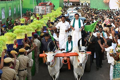 Chief Minister Edappadi K Palaniswami riding a bullock cart during the felicitation ceremony