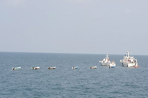 The Indian Coast Guard ship towing the seven Sri Lankan boats gone adrift off Katchatheevu