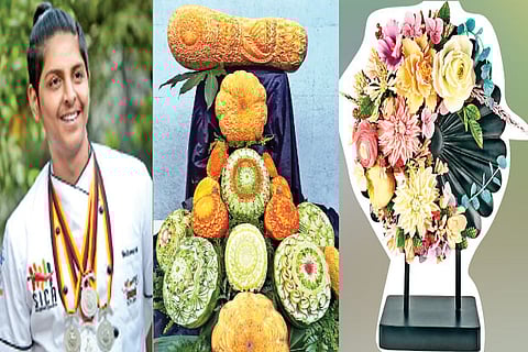 Yeshwanth Kumar (L); Medal-winning vegetable, fruit and edible sugar sculptures